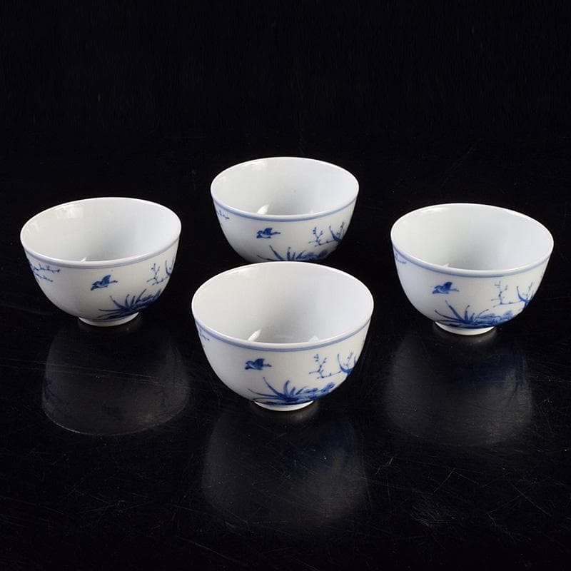 煎茶道具　平安陶工　清山造　染付　花鳥文　煎茶碗　四客　共箱　U　R9303