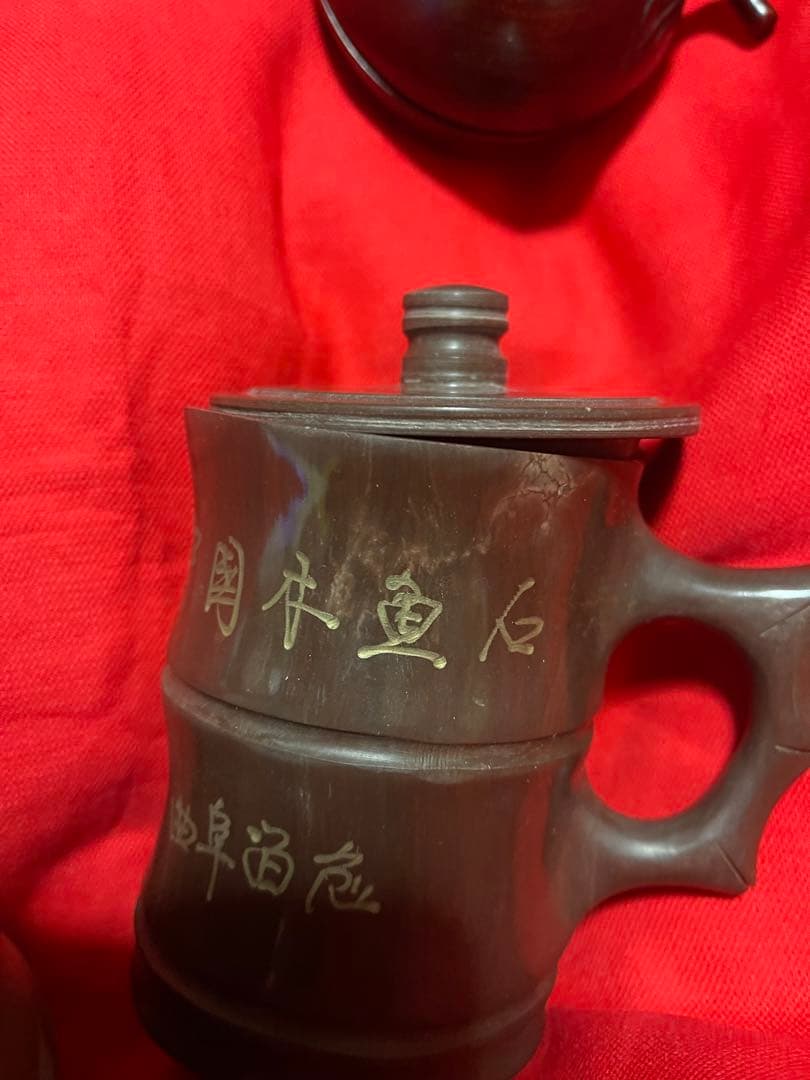 中国茶器紫泥朱泥宜興紫砂江蘇茶玩茶寵 急須1茶入1蓋付湯呑2茶寵4(年数経過品)