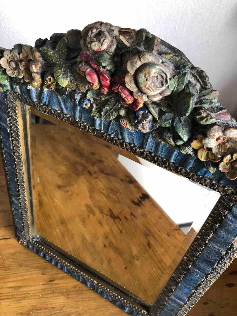 英国アンティークバーボラミラー/鏡/薔薇/ローズ柄 H33