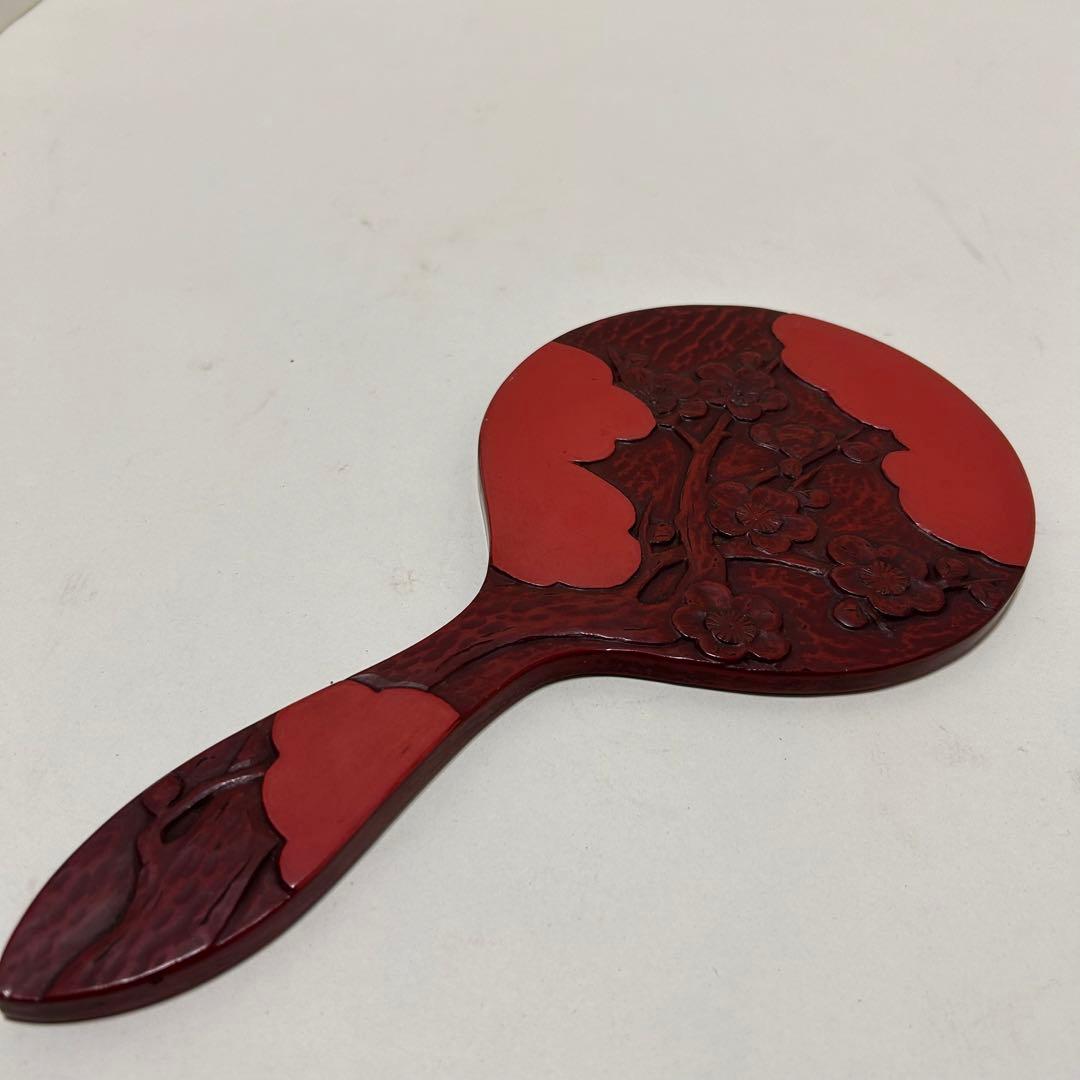 鎌倉彫 手鏡 時代もの 姫鏡 梅 雲紋様 乾口塗 木彫 朱漆 十寸