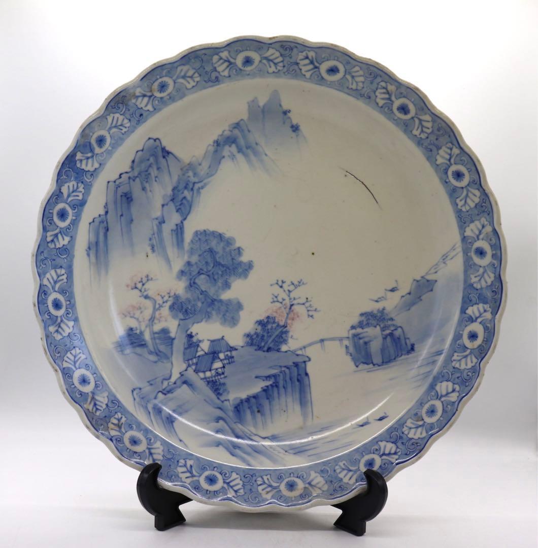 青華釉裏紅　山水紋花口大皿　送料込み0801