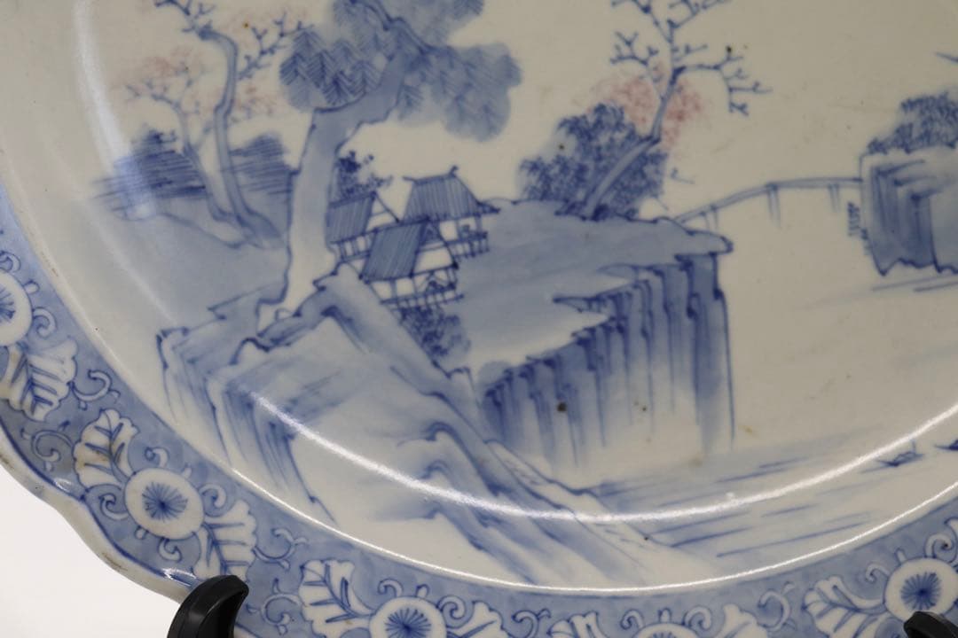 青華釉裏紅　山水紋花口大皿　送料込み0801