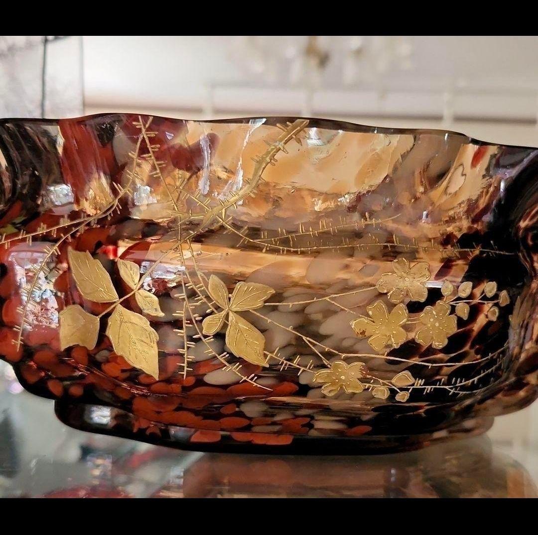 アールヌーボーガラス　吹雪紋金彩盛り薔薇エナメル画　最終値下げ