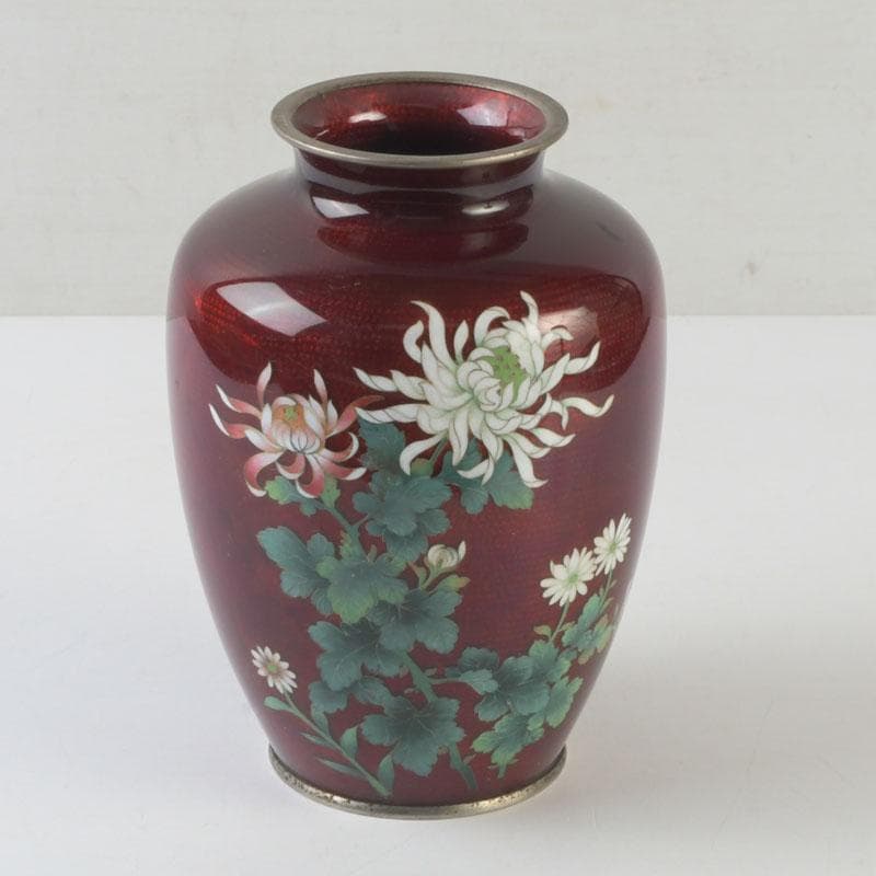 七宝焼　CLOISONNE刻印　赤透四君子文　花瓶　V　9875