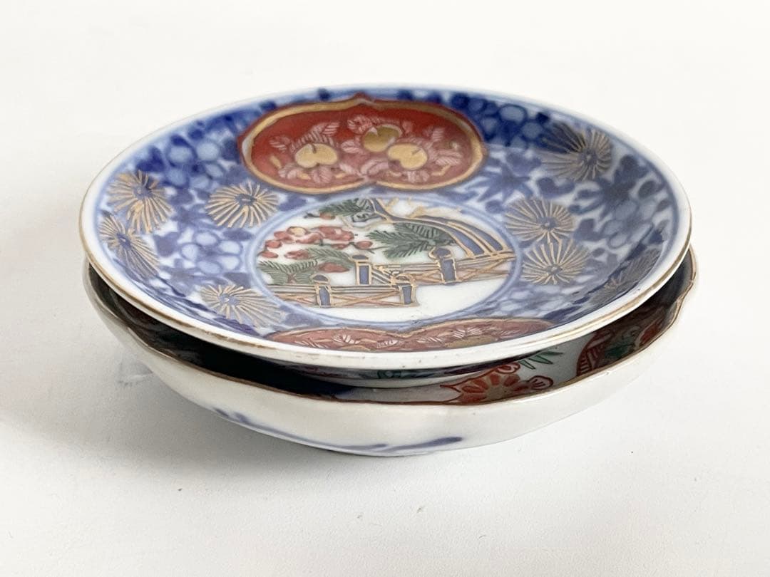 骨董　アンティーク　豆皿　手塩皿　2枚　金襴手　色絵　梅松　大明嘉靖年製