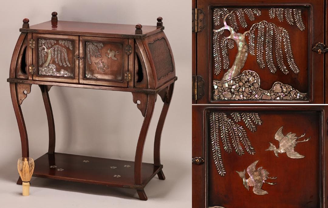 BK431　時代唐木　木製漆器　器局　螺鈿細工扉　雲意匠金具　煎茶道具