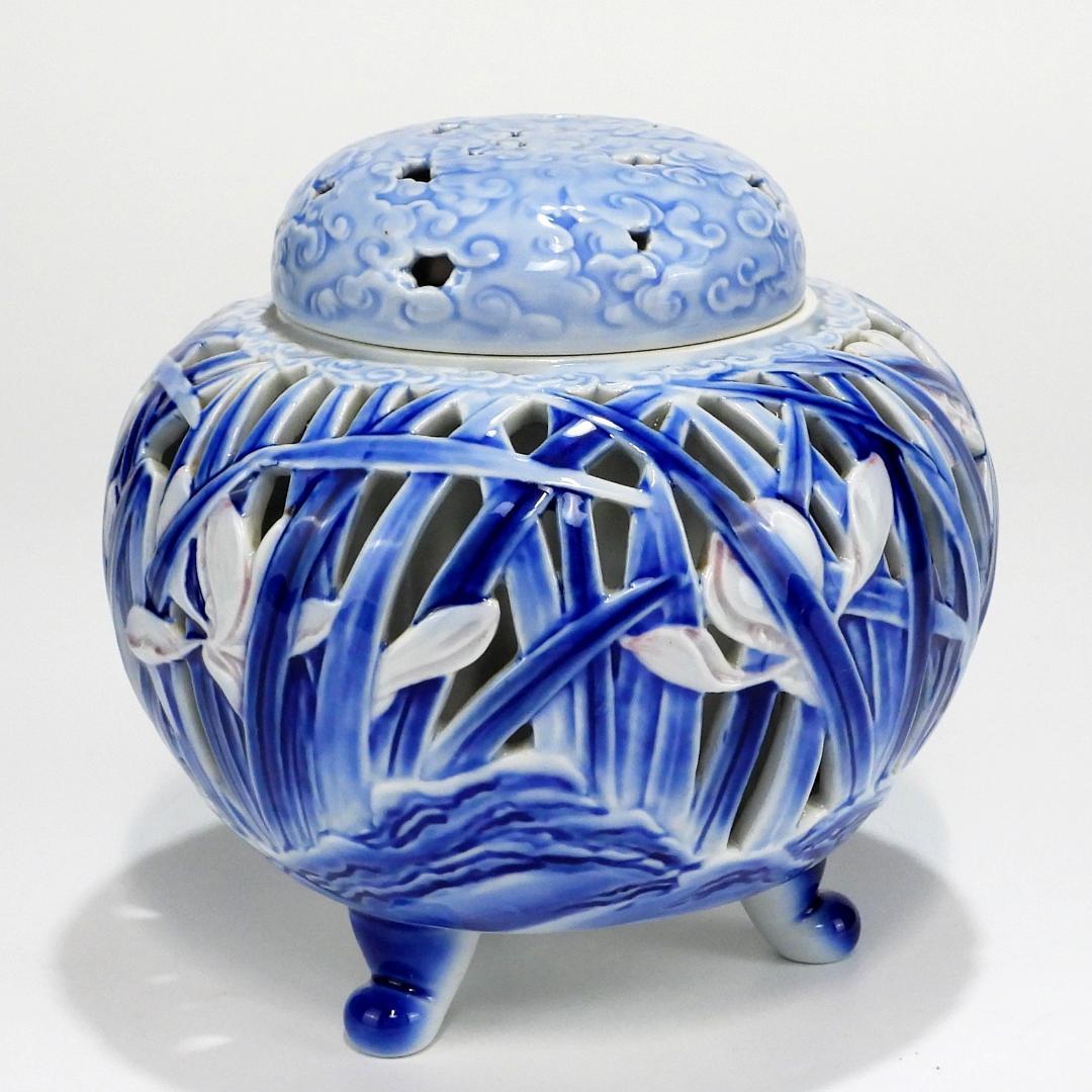 深川製　蘭彫刻 香炉 共箱