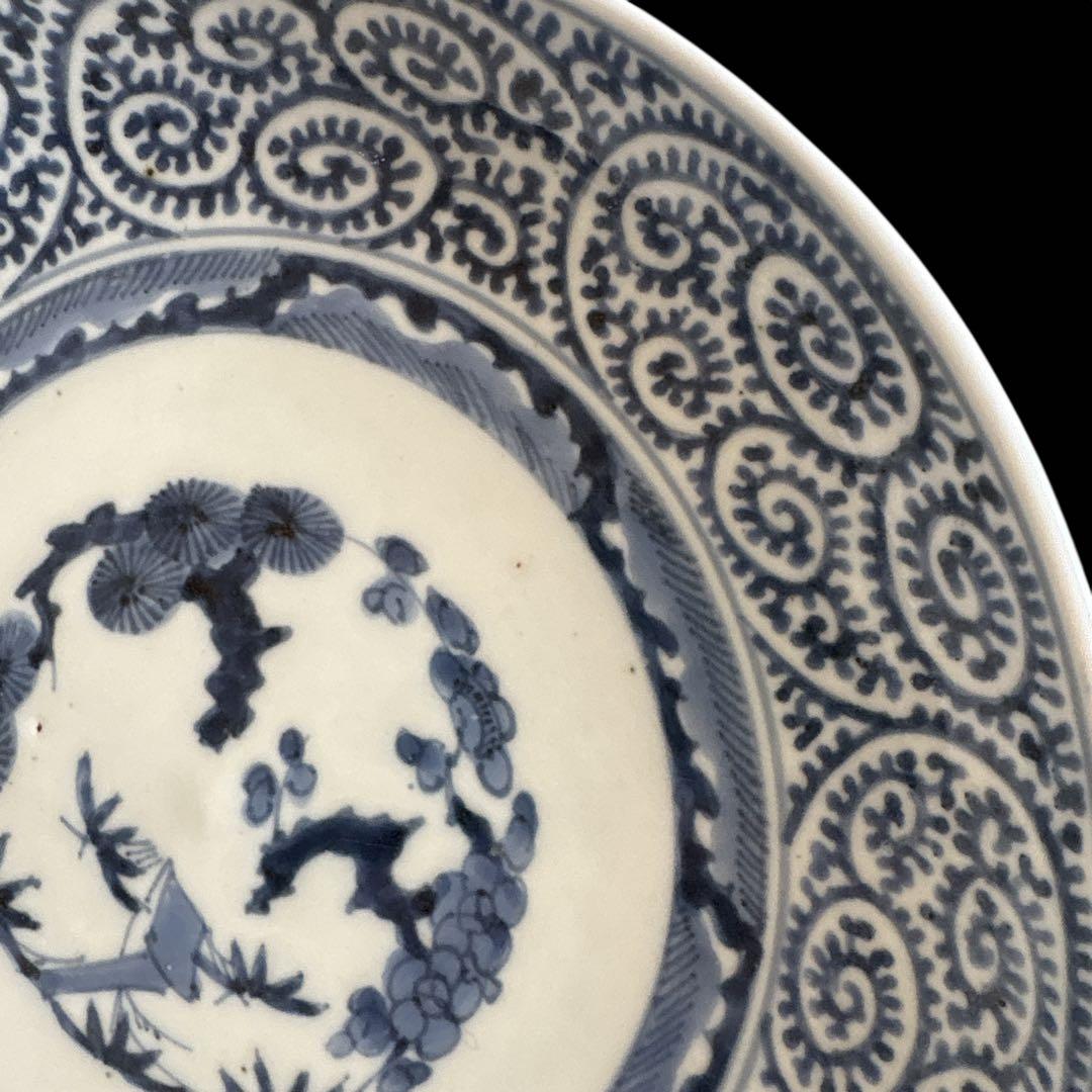 有田 伊万里 染付 印判手 小皿 蛸唐草 渦唐草 見返し蓮弁 見込 花文 竹葉