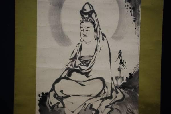 真作/真邦/岩上観音図/布袋屋掛軸HC-868