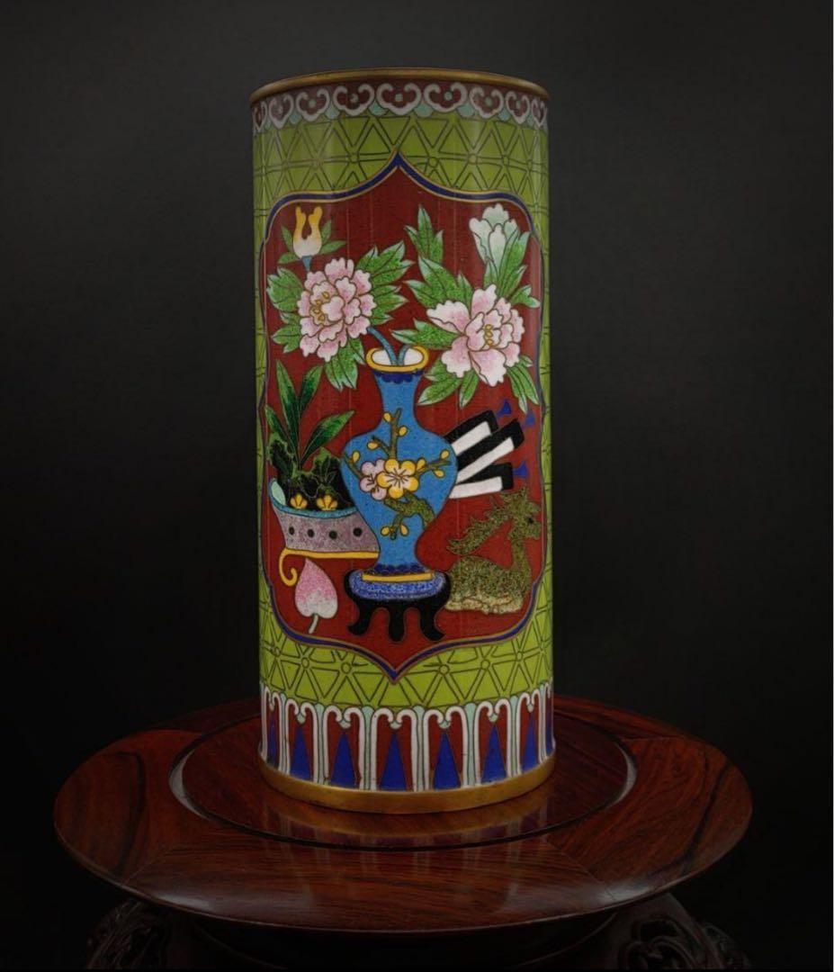 中國美術 古玩 七宝焼 景泰蓝置物 博古紋帽筒