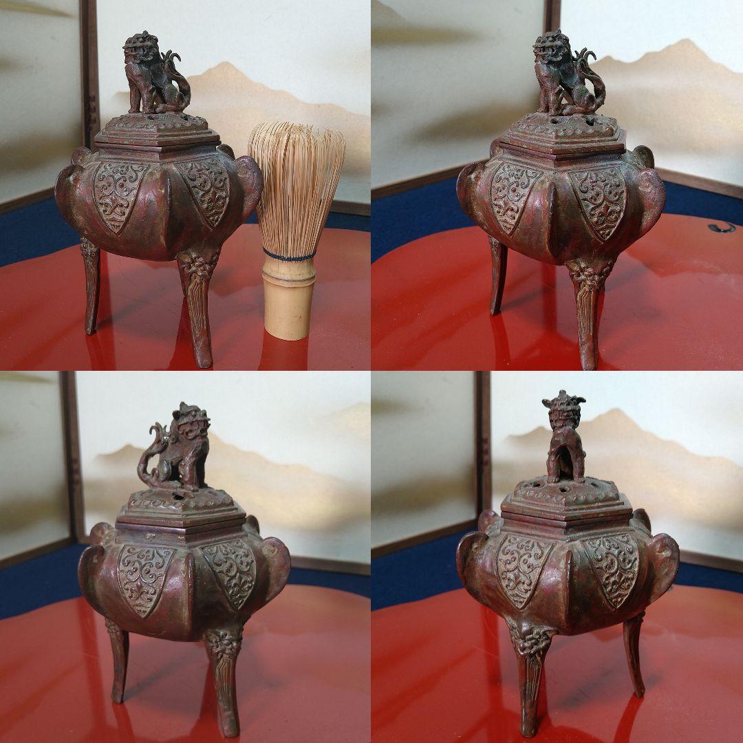 二上常太郎 元威作獅子香炉 三足鋳銅 共箱 共布 作歴付 AH26