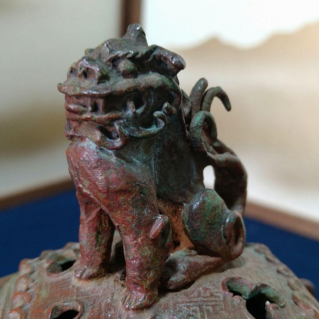 二上常太郎 元威作獅子香炉 三足鋳銅 共箱 共布 作歴付 AH26