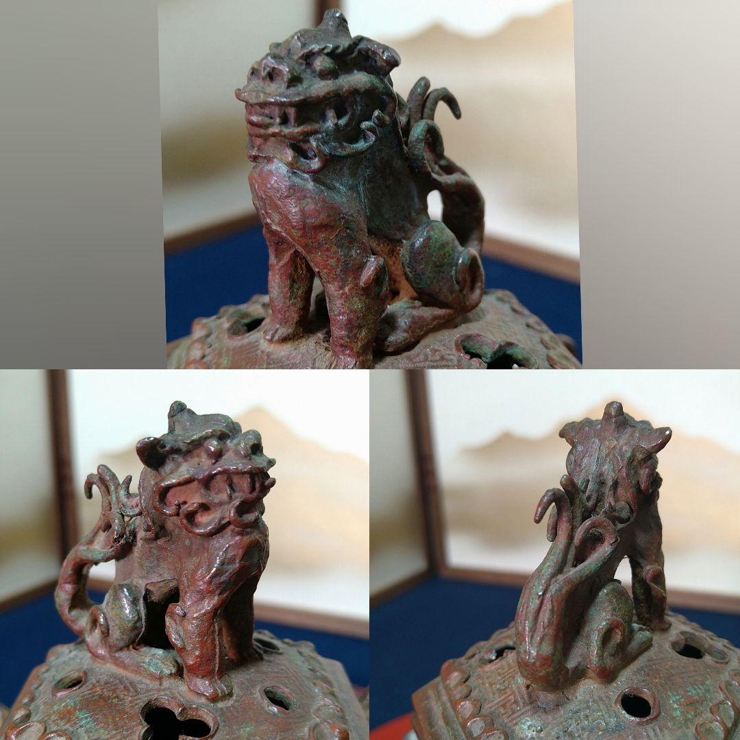 二上常太郎 元威作獅子香炉 三足鋳銅 共箱 共布 作歴付 AH26
