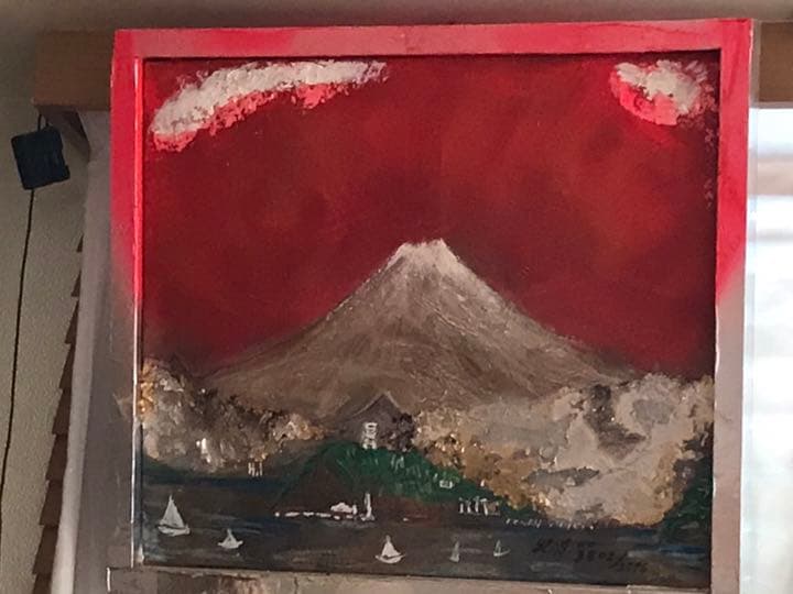 空飛ぶ画家糸川裕志の幻想絵画、夕焼けの富士山と江の島のイメージ、