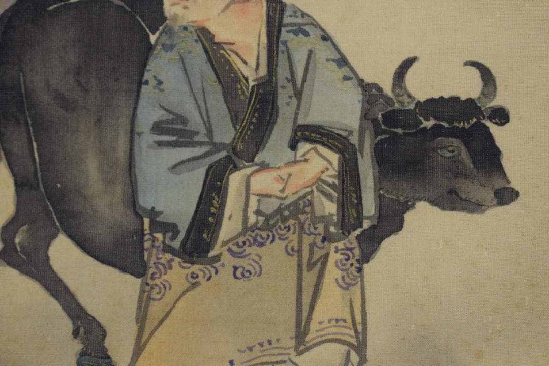 【真作】犬伏真渕/牛上の女図/美人画/掛軸☆宝船☆Y-282　JM