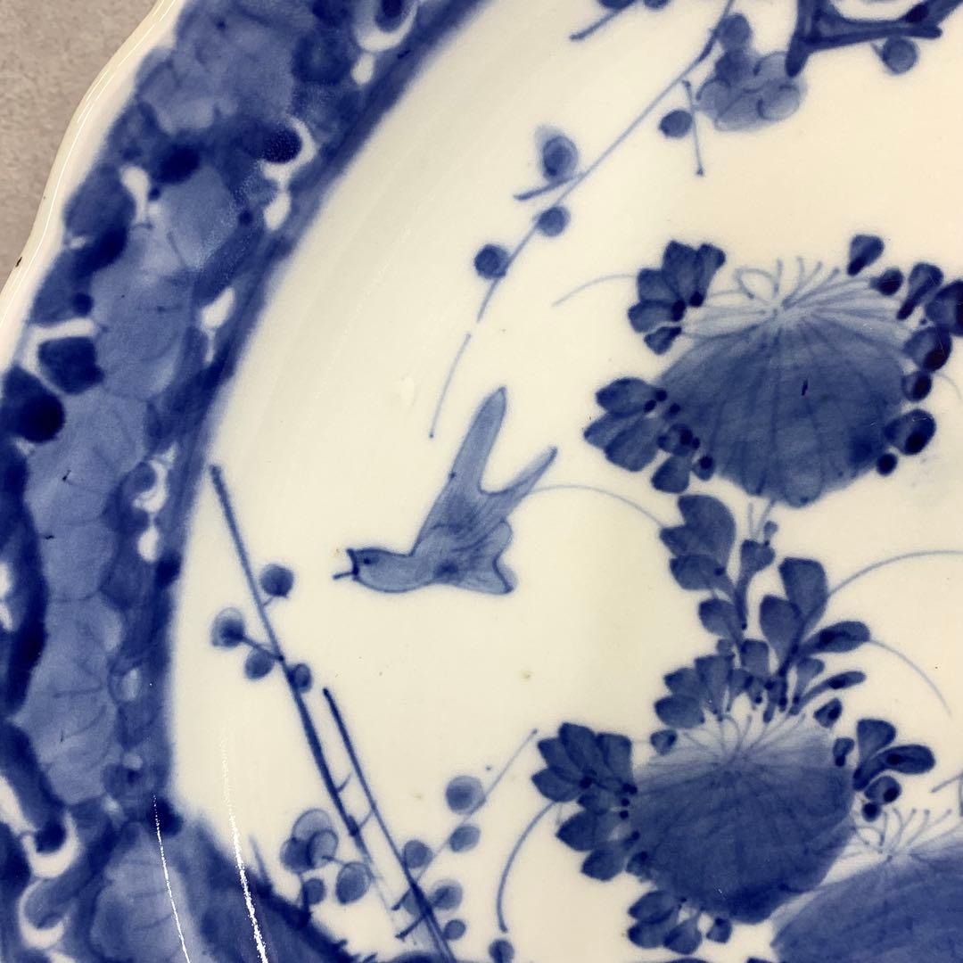 大皿 直径 42.2 cm !大皿 蝶々 花鳥 梅 染付 昭和レトロ 飾り皿②