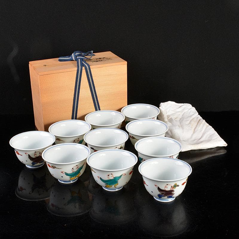 九谷焼　堀江青光造　色絵唐子文　波出茶碗　数茶碗　10客　共箱　V　6207C