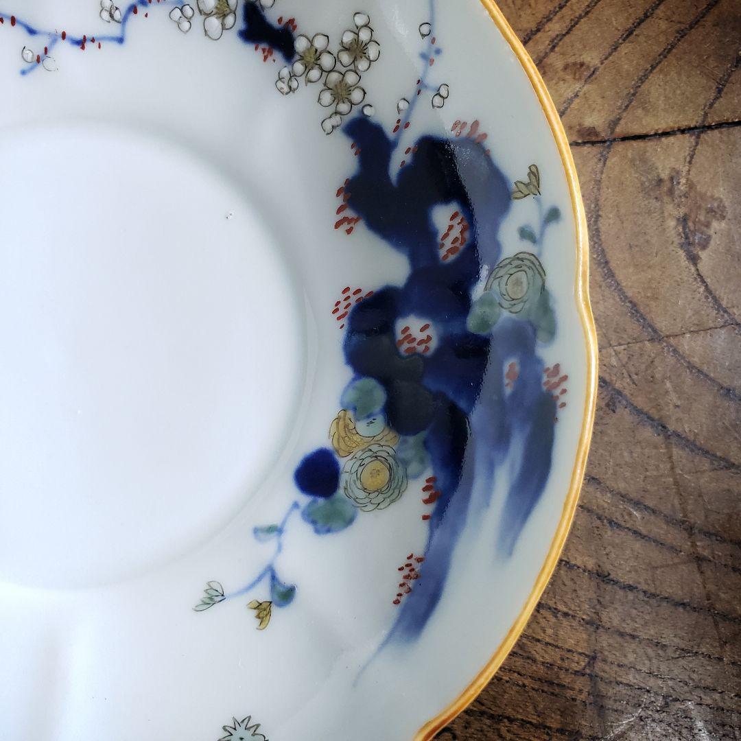 八花弁皿 染付 色絵付 取り皿 なます皿 岩 梅 菊 銘 明治 古伊万里 ロ号