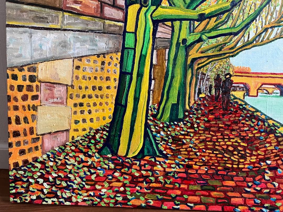 絵画　油絵　風景画　川沿いの並木道　F12