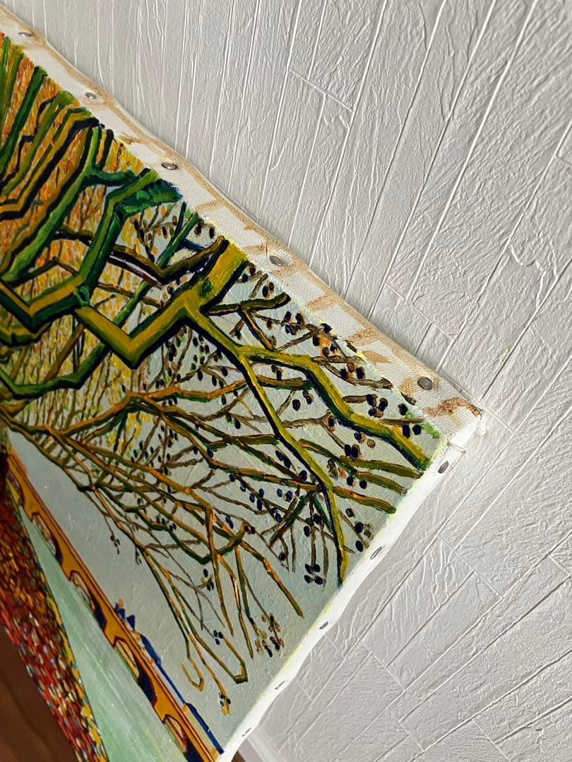 絵画　油絵　風景画　川沿いの並木道　F12