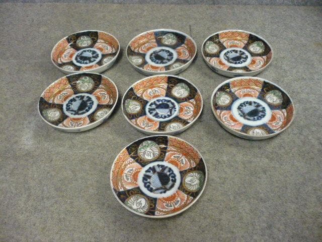 伊万里焼色絵丸文に鶴図4寸手塩皿 7枚 [B31602]