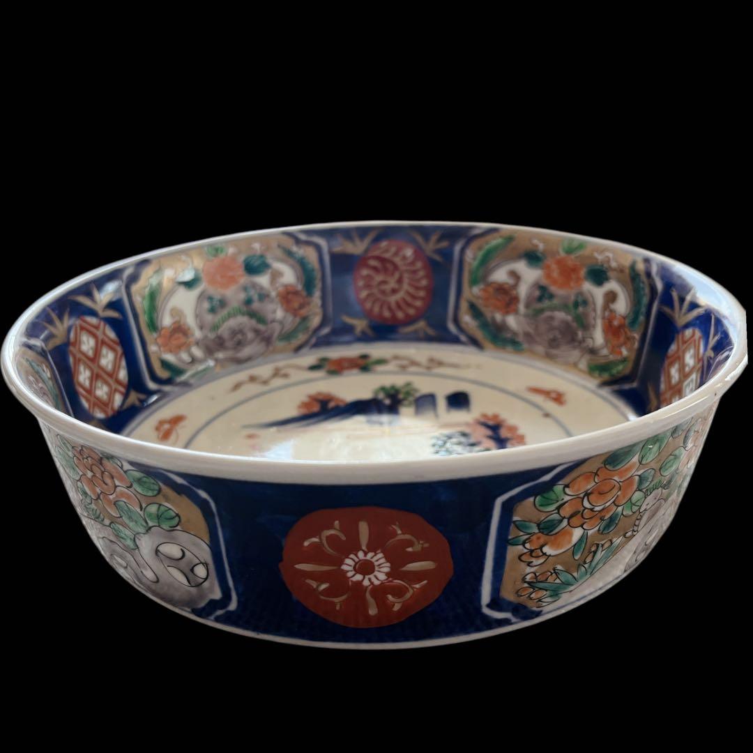 骨董品 古伊万里 二重高台鉢 アンティーク 花蝶 山水人物図 明治時代 伊万里