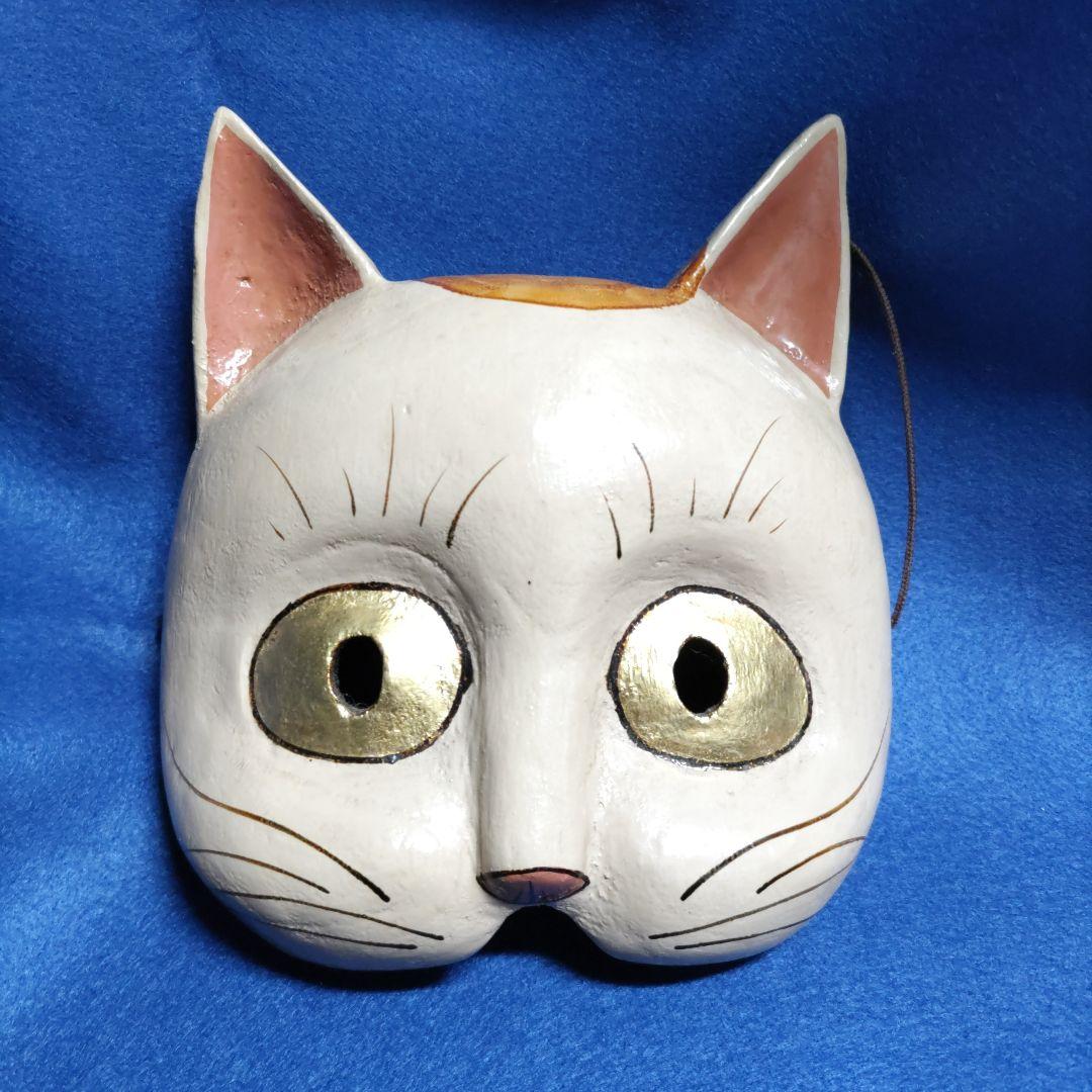 猫半面　木彫り蒔絵