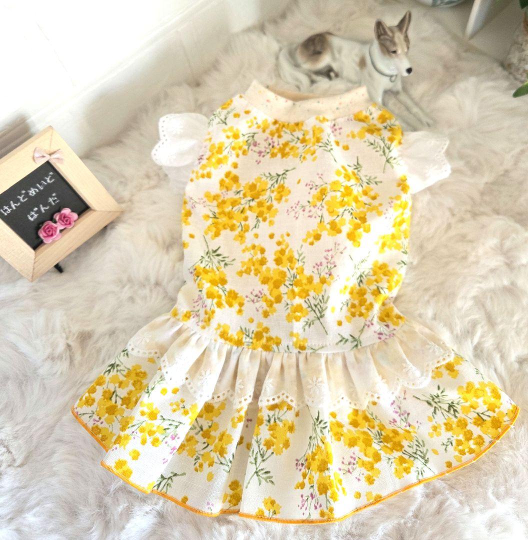 ハンドメイド犬服・春にぴったり・ミモザ柄 ギャザーたっぷりワンピース