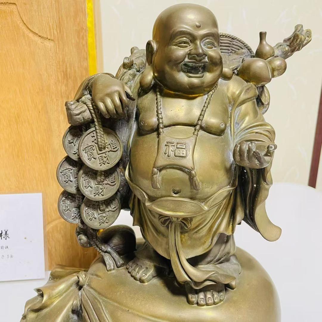 金属工芸品 招財布袋様 黄銅製 置物 布袋立象 古美術 仏教美術 彫刻 桐箱入