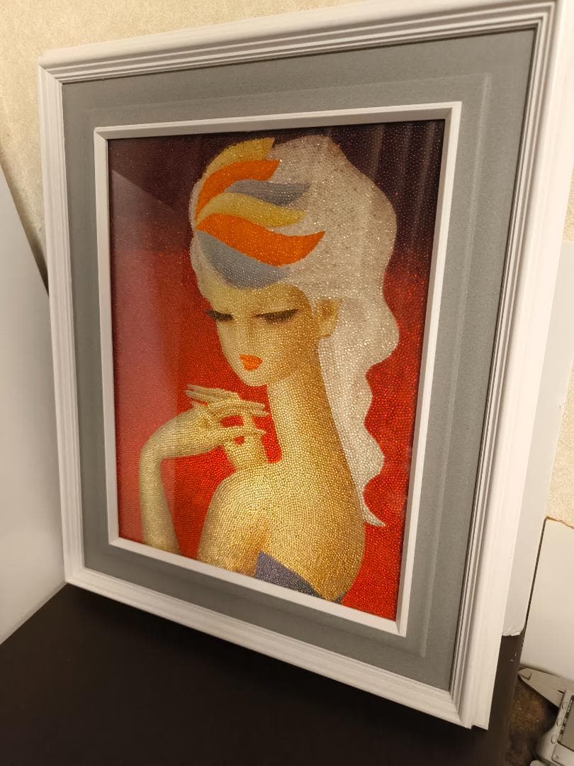 ビーズアート 東郷青児 現状品 額装 絵画 女性画 美人画 昭和レトロ