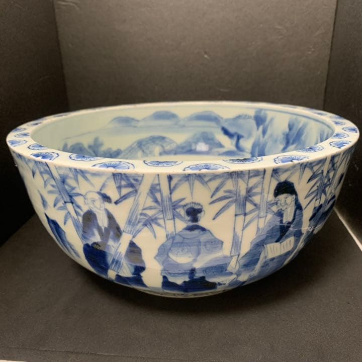 古伊万里　竹林七賢人　明月清風 銘　染付大鉢　手書き　染付　鉢　皿　絵皿　陶磁器