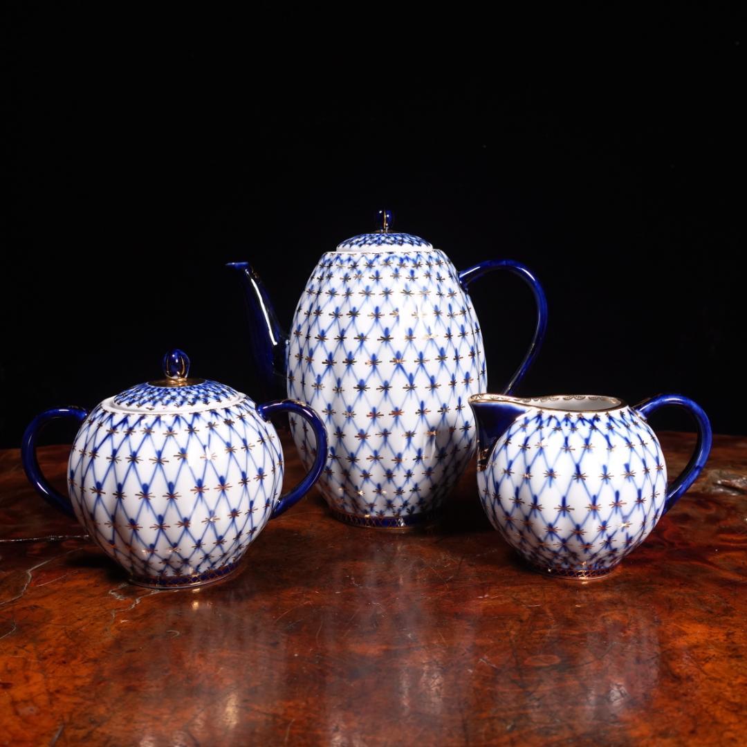 ロモノーソフ LOMONOSOV ソ連時代 コバルトネット トリオ ポットセット