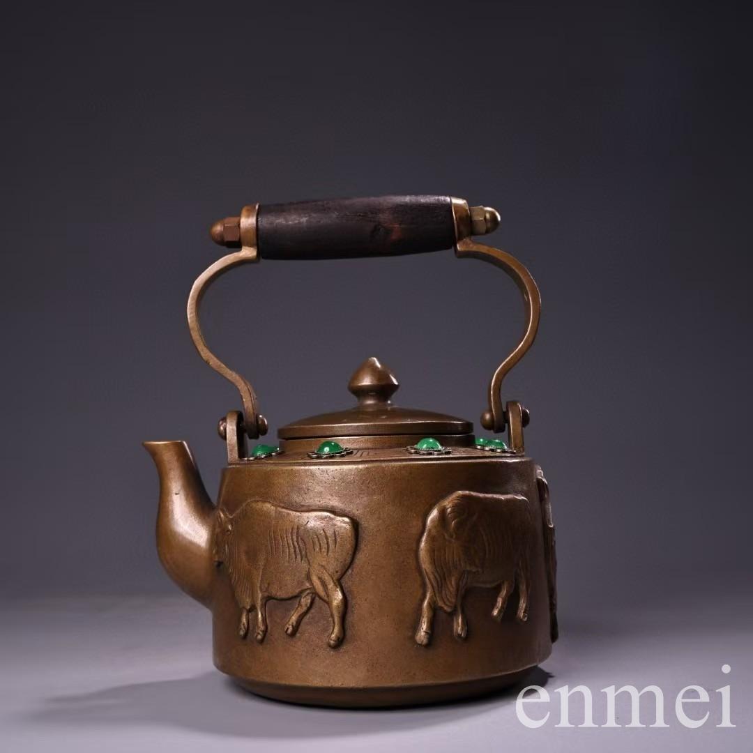 中国古美術・古純銅五牛急須・宝石急須・高浮彫り・純手作り・急須・茶壺・煎茶道具