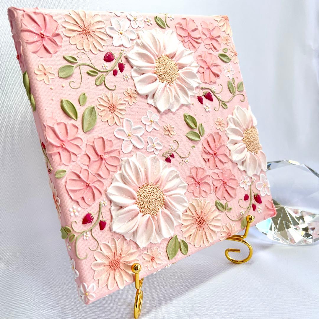 テクスチャーアート　絵画　インテリアアート　立体　花　絵　いちご　北欧　イチゴ