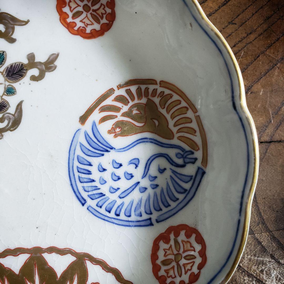 皿 色絵 金彩 牡丹唐草 鶴丸文 二重角富 宝尽くし 桐文花弁縁 古伊万里 ロ号