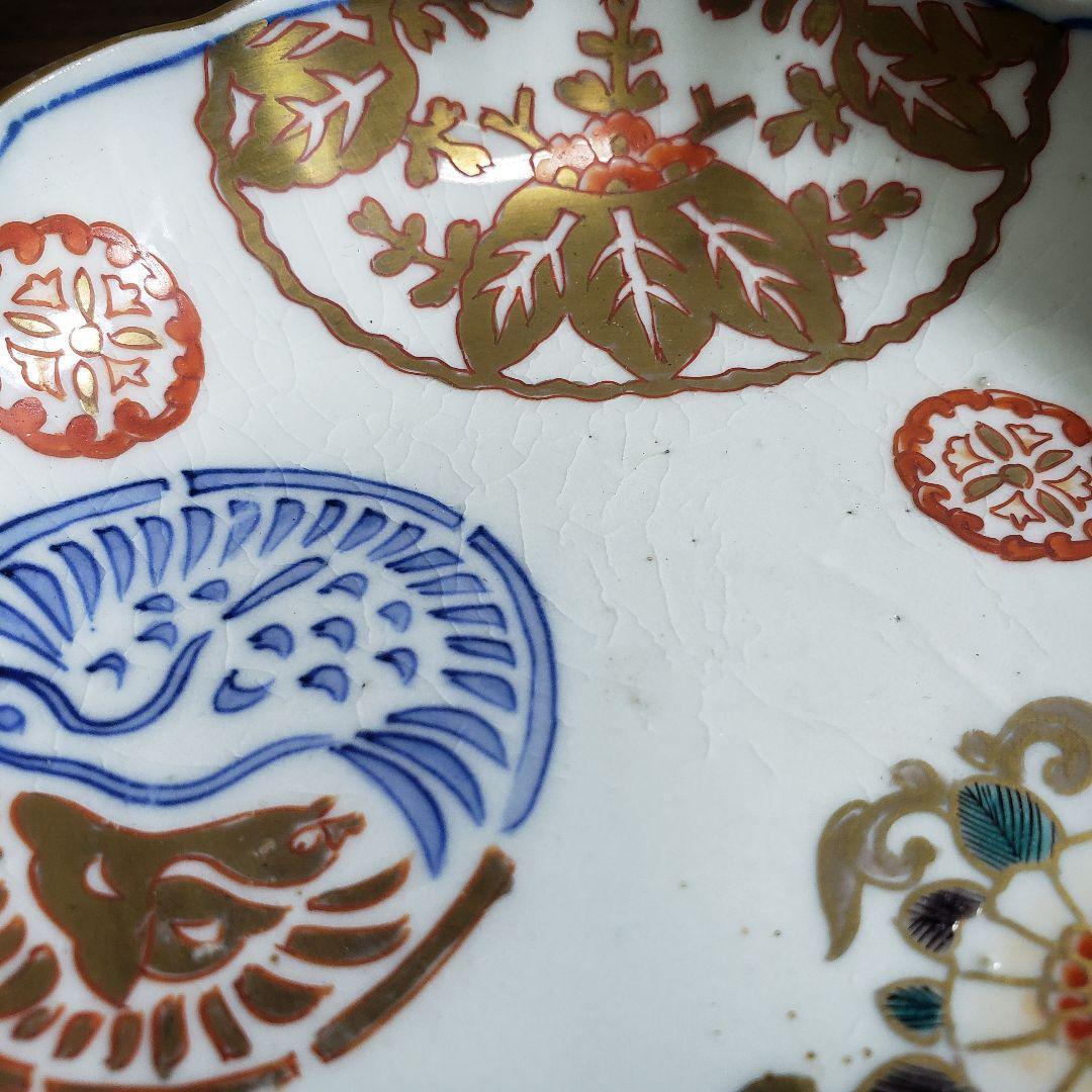 皿 色絵 金彩 牡丹唐草 鶴丸文 二重角富 宝尽くし 桐文花弁縁 古伊万里 ロ号