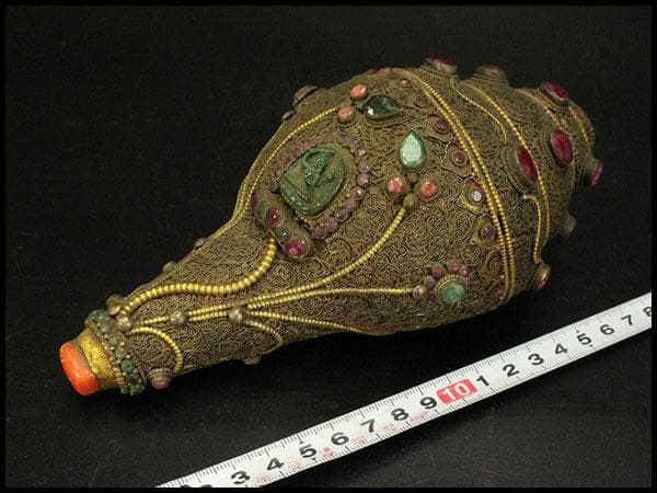 仏教美術 チベット 西蔵 蜜教 鍍金 宝石張 巻貝 法具全長18cm(A274)