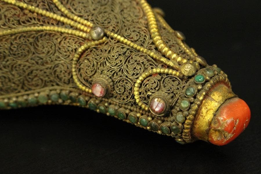 仏教美術 チベット 西蔵 蜜教 鍍金 宝石張 巻貝 法具全長18cm(A274)