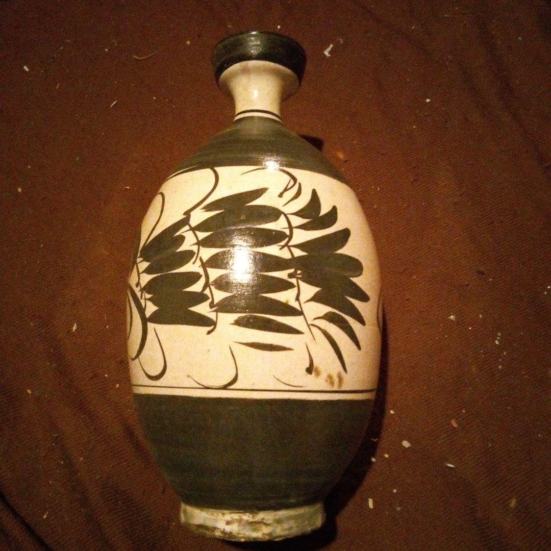 中国陶磁器　宋磁州窯　葉柄徳利型壺