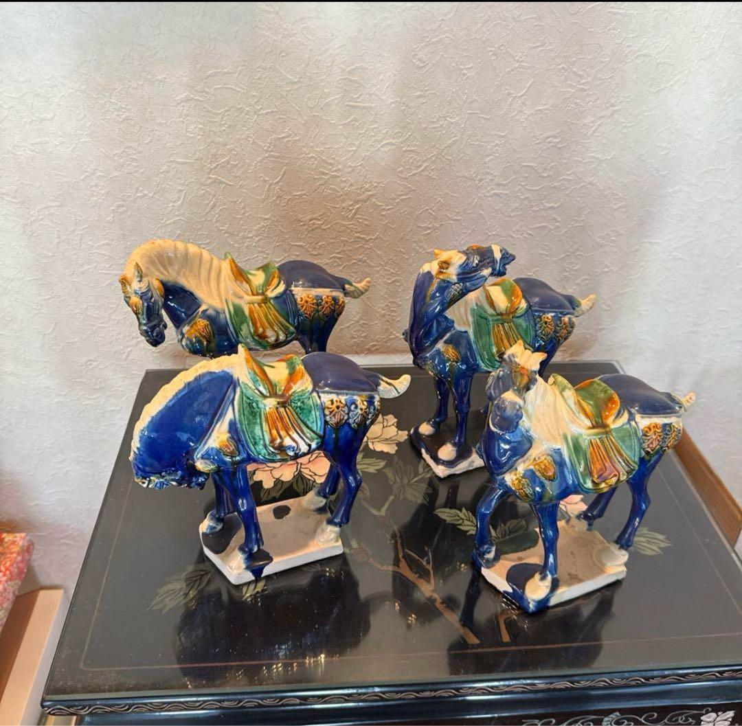 陶器製馬の置物 4体セット中国洛陽美術陶器 唐 三彩 馬置物・人形