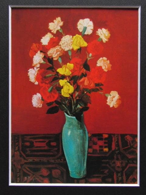 三岸好太郎、【花（カーネーションとばら）】、新品高級額 額装付、年代物