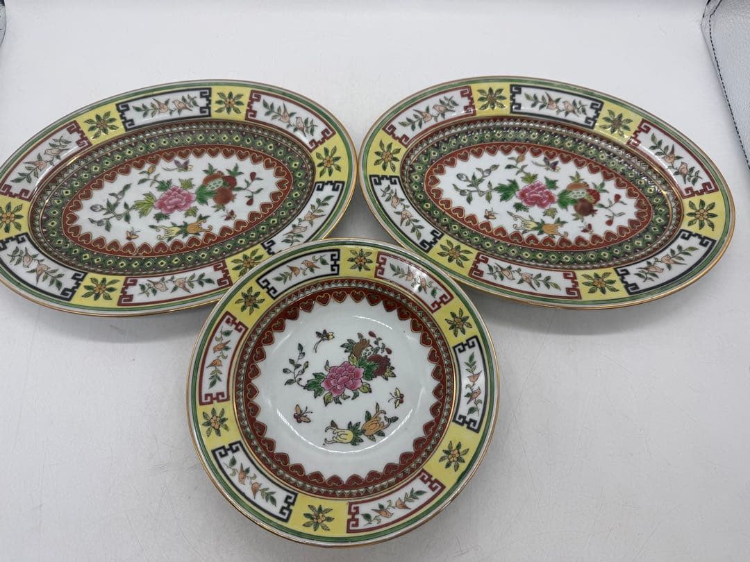 中国　1970年代　景徳鎮製　粉彩花果紋楕円形お皿2点&鉢1点　送料込み0104