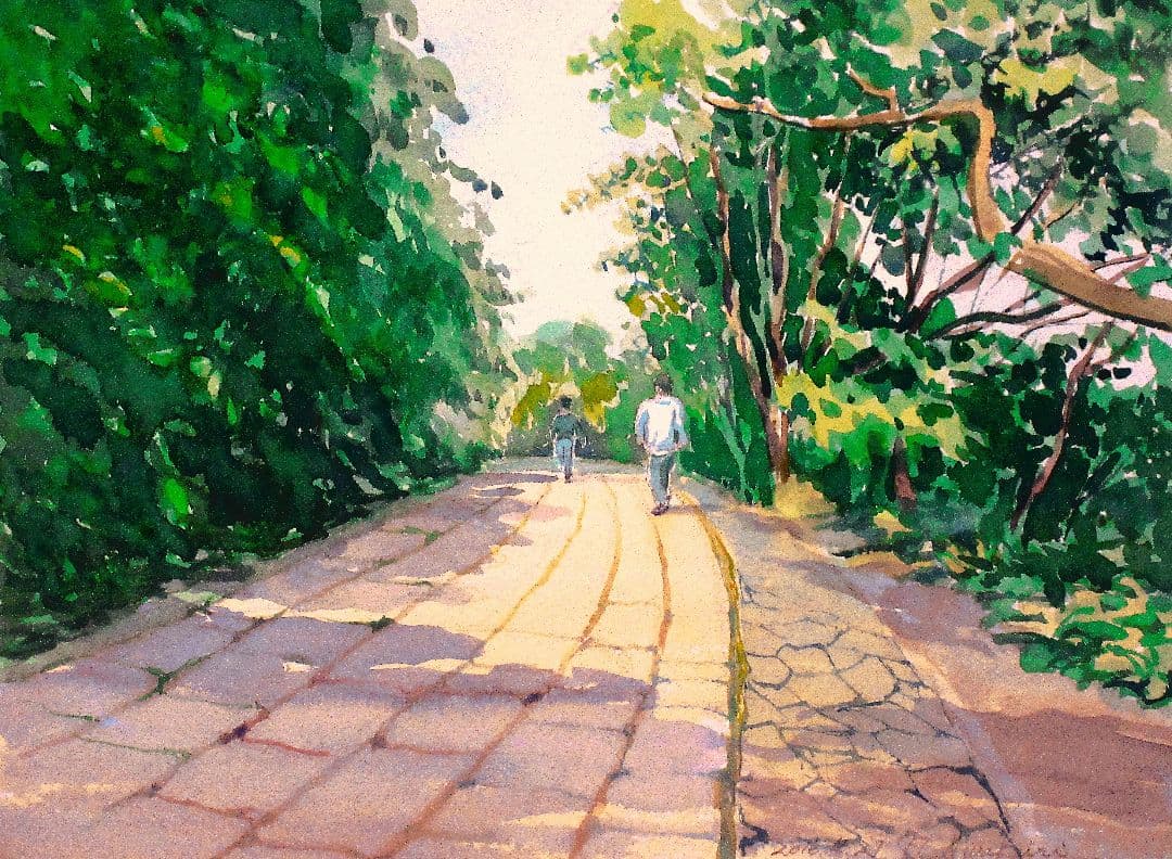 水彩画 観音崎 散歩(額縁付き)