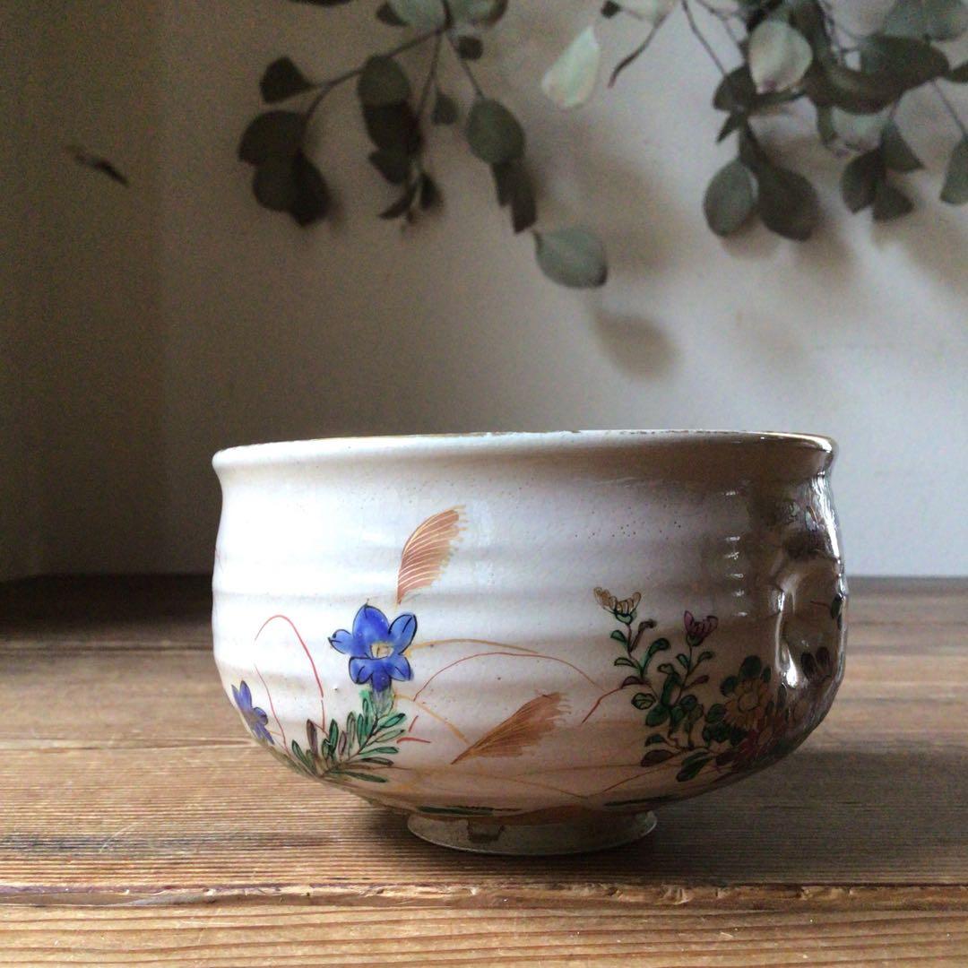 No3162 抹茶碗　福栄造　金彩色絵草花文茶碗　法正寺焼　嘉賦　木箱　送料無料