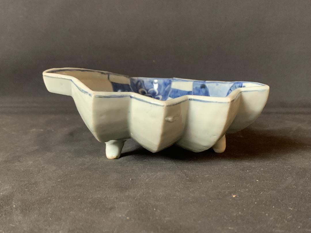 明代 古染付 青花 山水図 半開扇皿 扇鉢 中国古玩 唐物 878