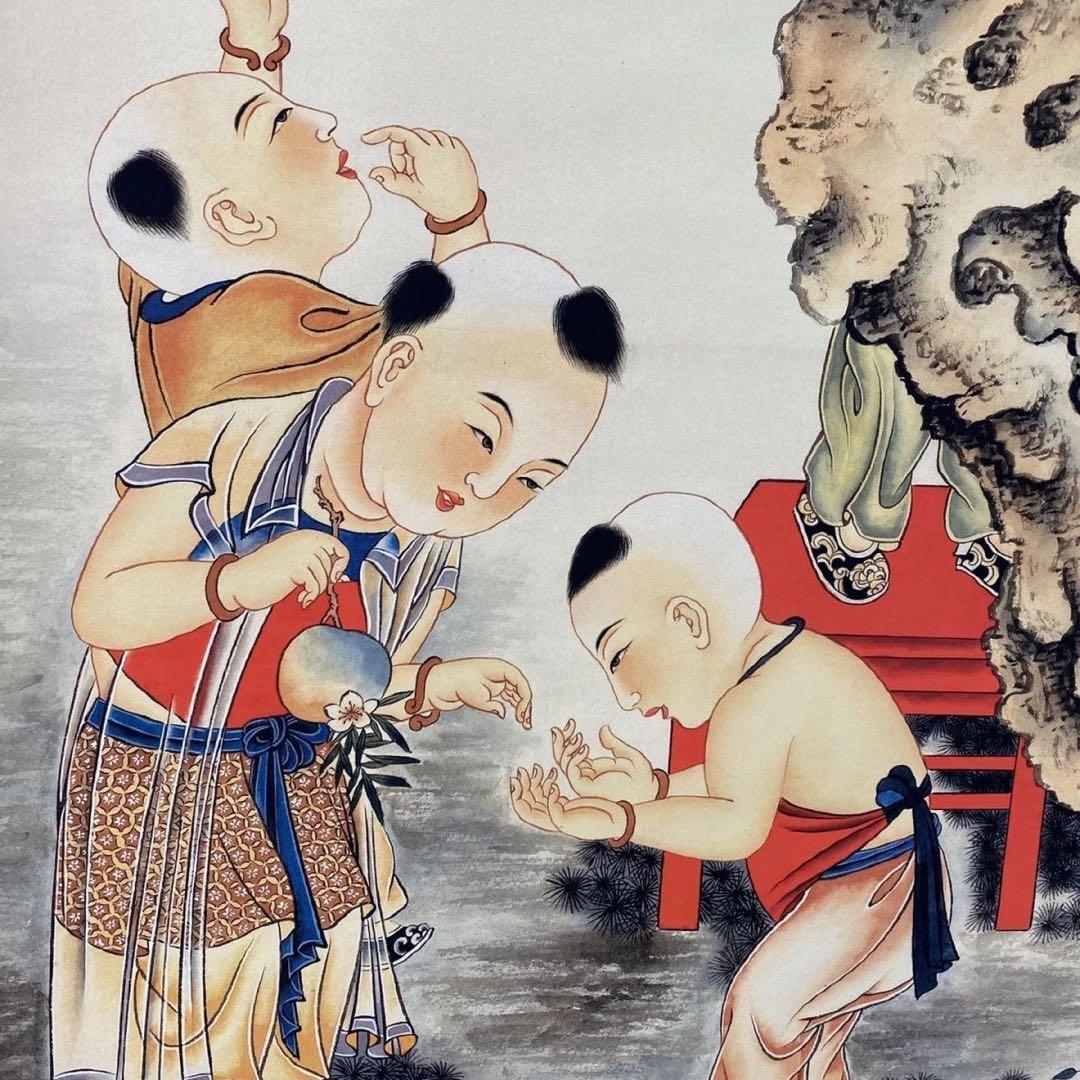 四尺中堂 中国人物画 張大千 嬰戯図 掛軸 防伪証書付