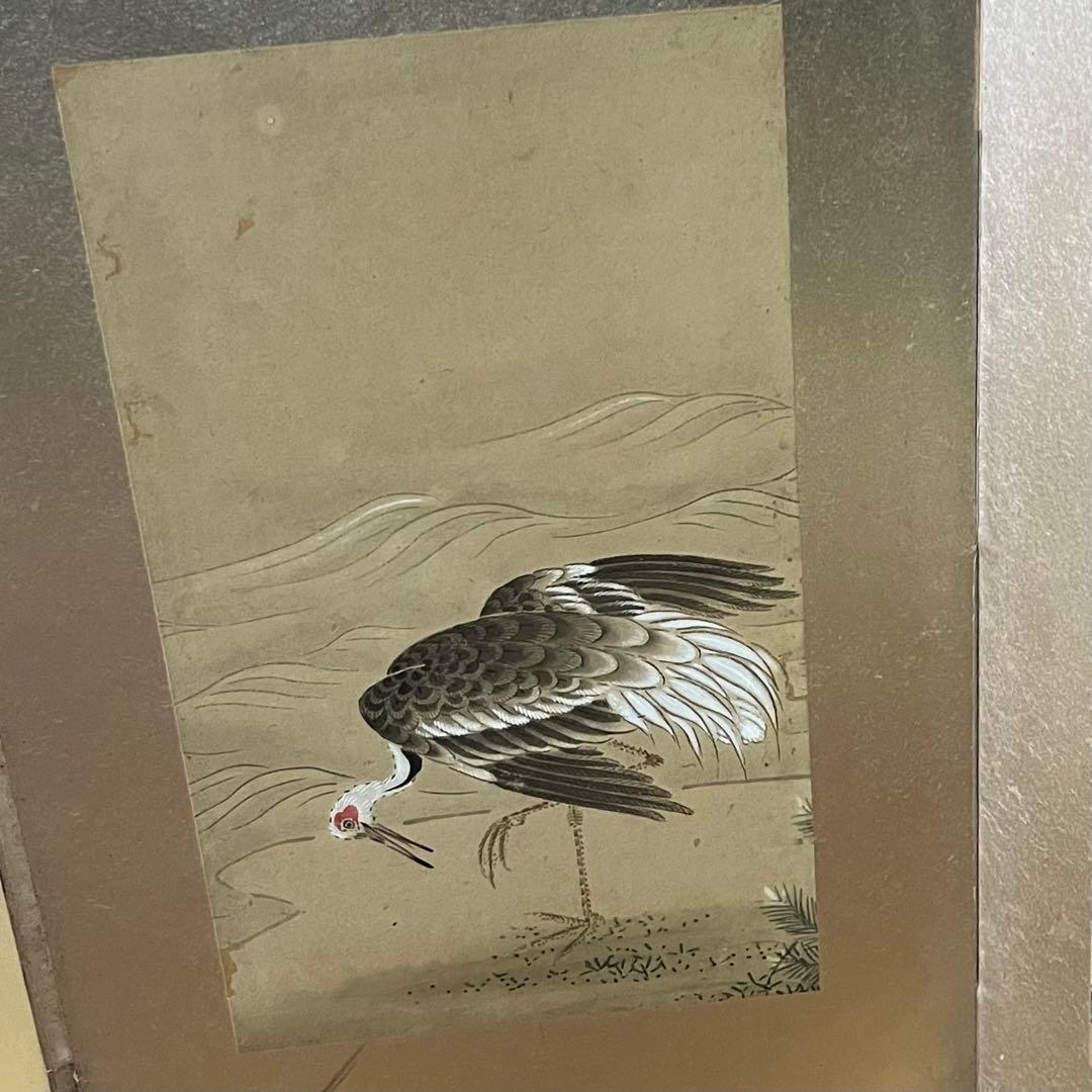 小型屏風/鶴と松/手描き屏風/6曲1双