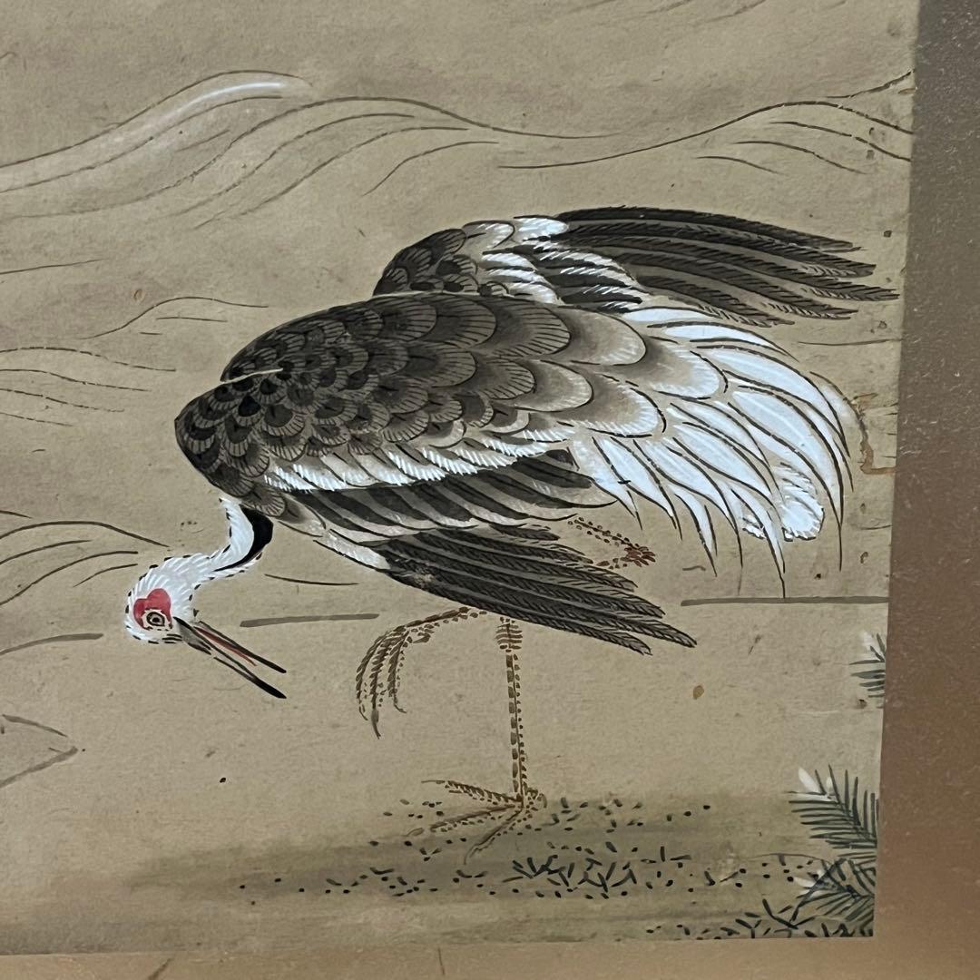 小型屏風/鶴と松/手描き屏風/6曲1双