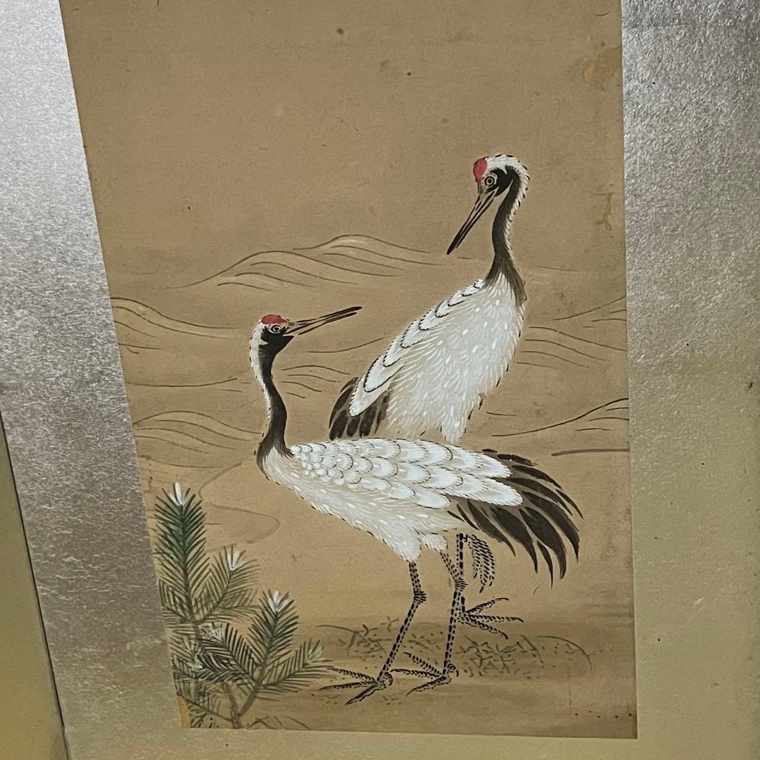 小型屏風/鶴と松/手描き屏風/6曲1双