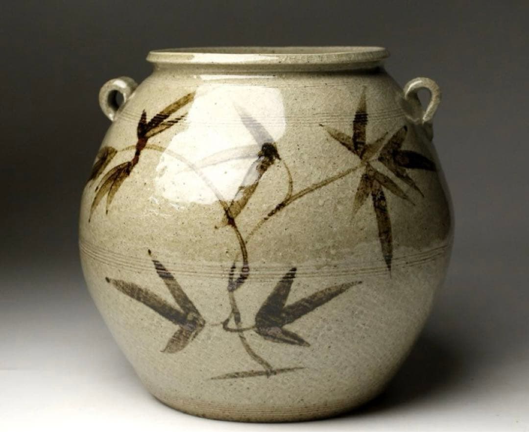 十三代中里太郎右衛門(逢庵)作 叩き絵唐津 耳付竹文壷 21㎝ 平成七年 共箱